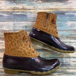 Sperry Saltwater Womens Size 7.5 Ankle Boot Waterproof Brown Cheetah Print Suede
